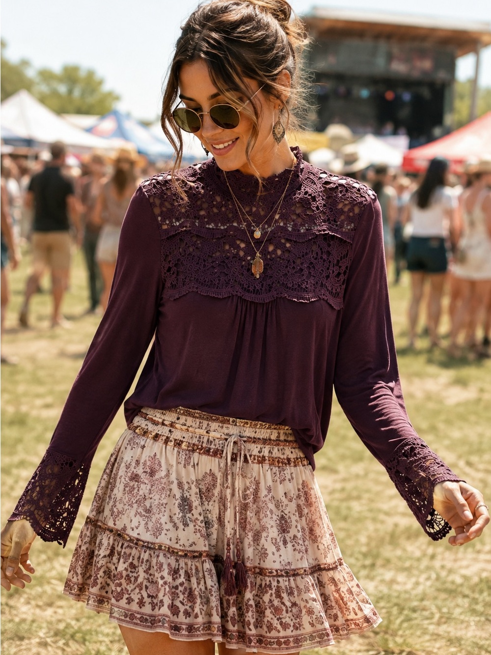 NWOT CATO Rayon Blend Burgundy Long Sleeve Boho Blouse With Lace Size Small